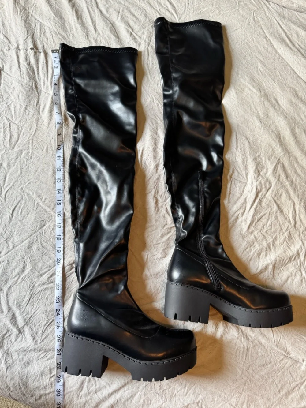 KOI Black Thigh High Platform Boots Chunky Heel, Stretch Vinyl Size 6